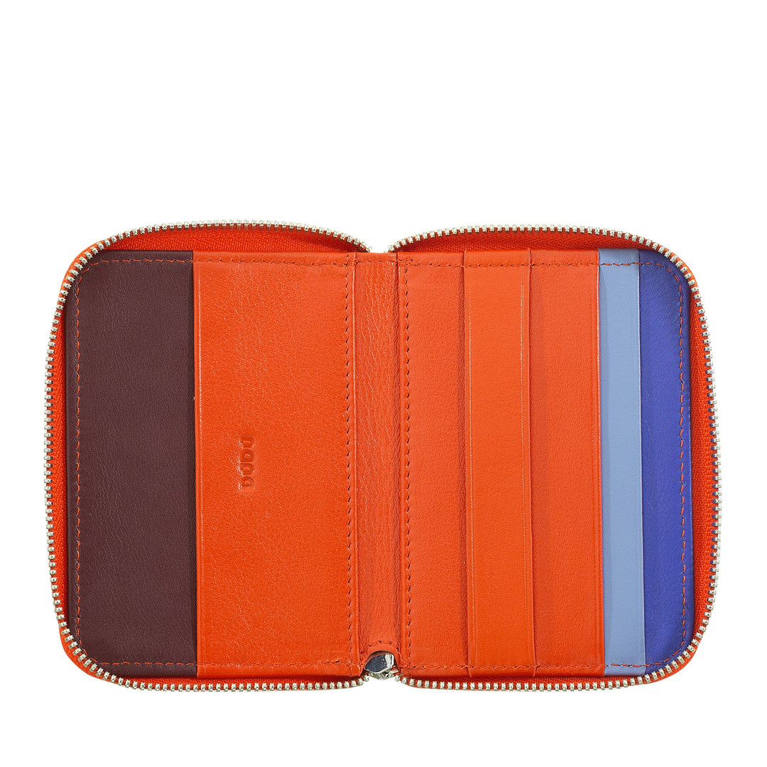 Colorful leather wallet with multiple card slots and a zipper closure, open view