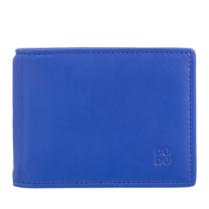 Blue leather wallet with embossed logo on the bottom corner