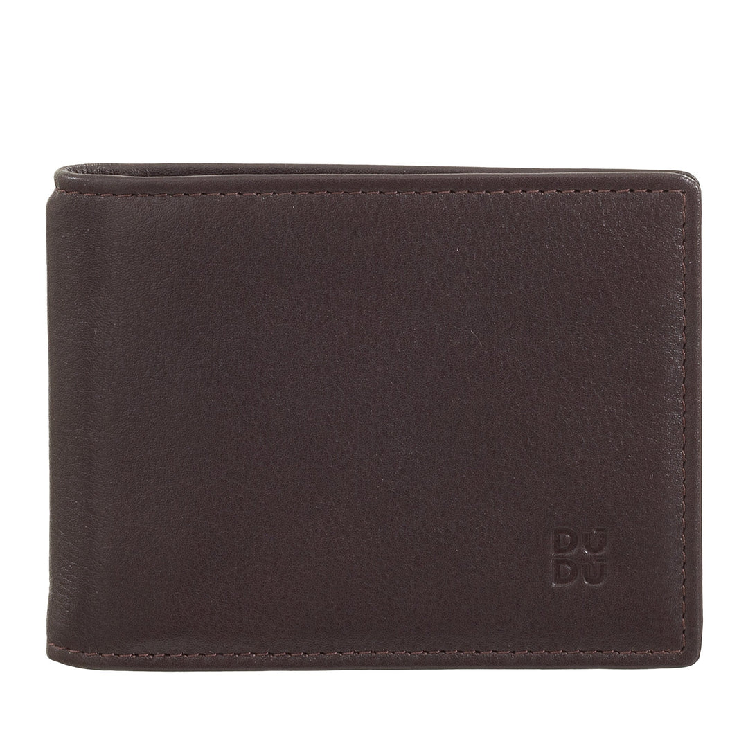 Dark brown leather wallet with embossed brand logo