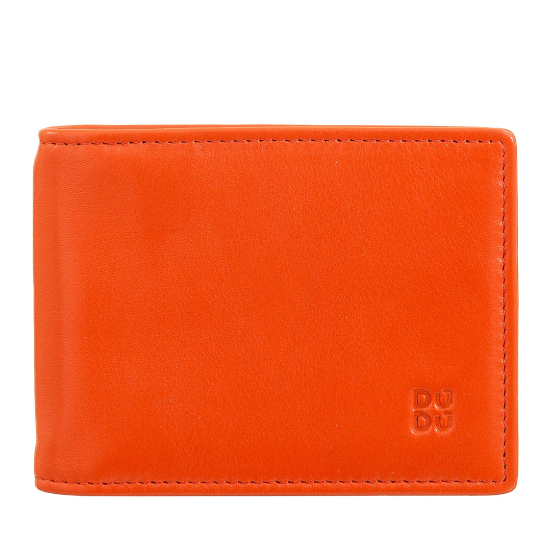 Bright orange leather wallet with stitching detail