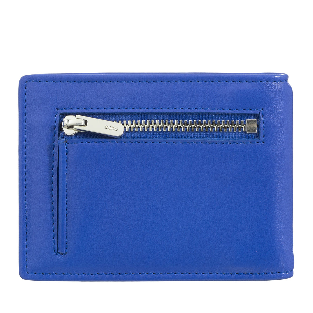 Blue leather wallet with zippered pocket