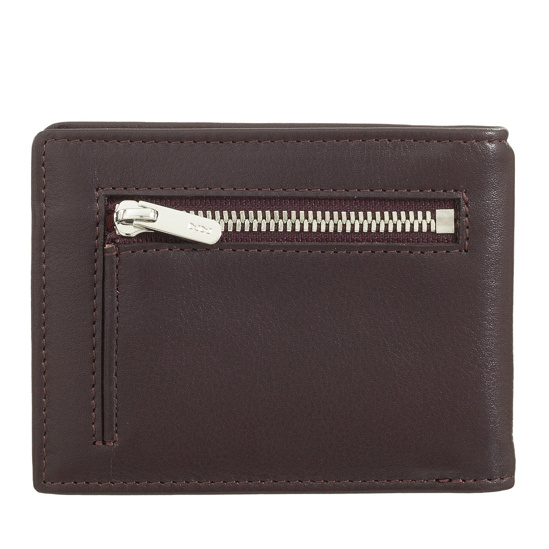 Brown leather wallet with zippered pocket and detailed stitching