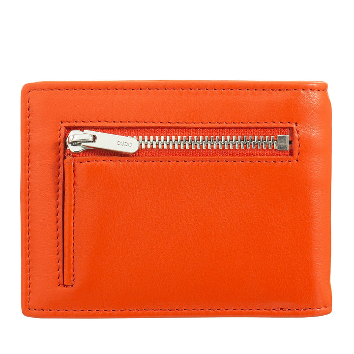 Bright orange leather wallet with front zipper compartment