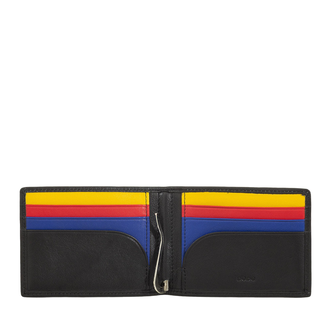 Black bifold wallet with colorful card slots featuring yellow, red, and blue accents