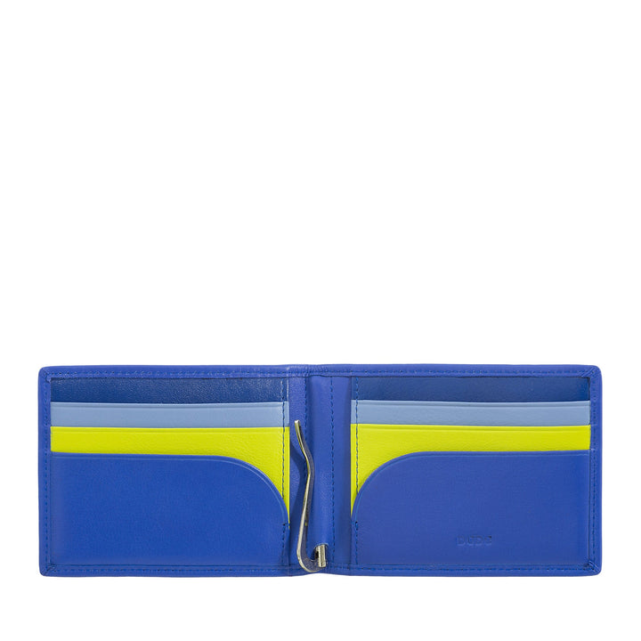 Blue leather bi-fold wallet with multiple card slots and yellow accents inside