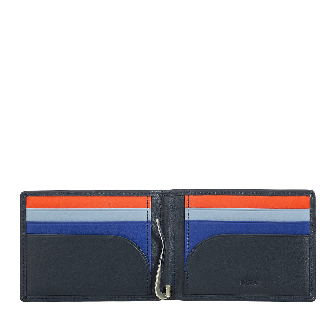 Open black leather wallet with colorful card slots and money clip