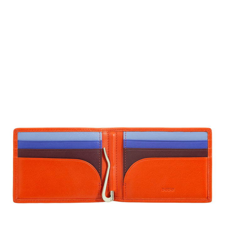 Orange leather bifold wallet with multiple card slots and a money clip inside