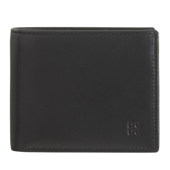 Black leather bi-fold wallet with embossed logo