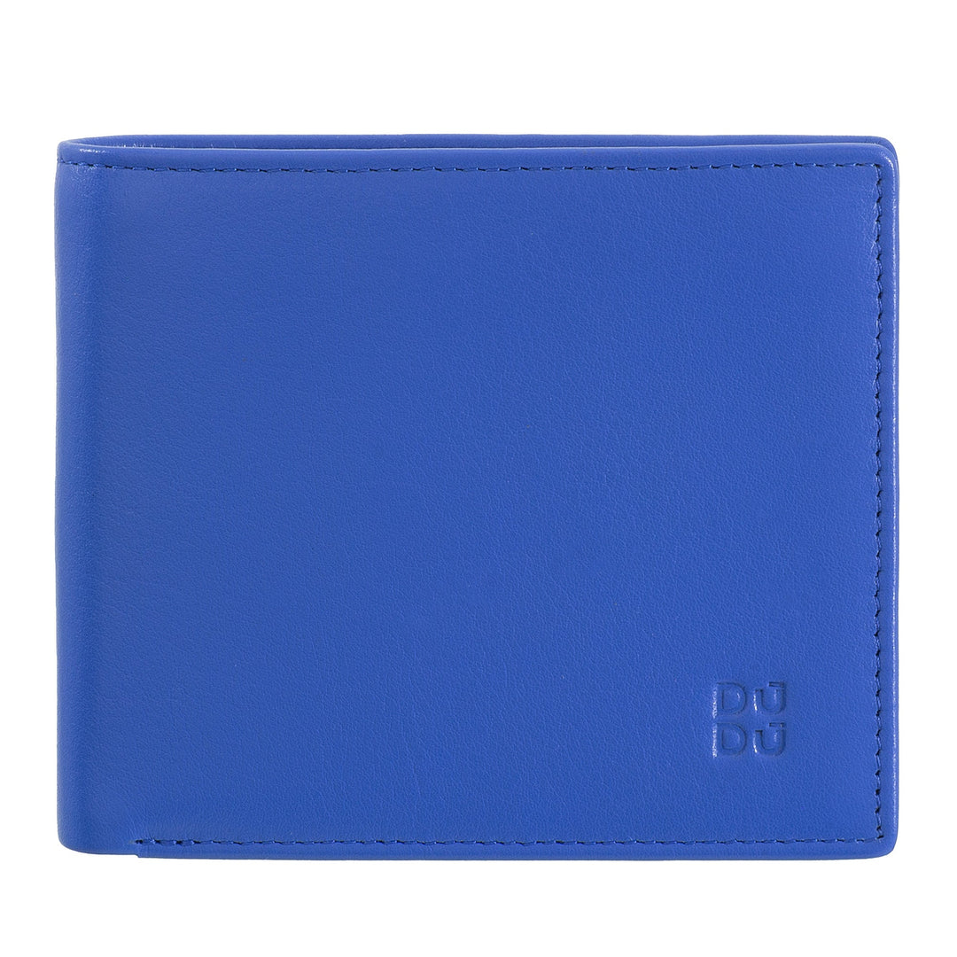 Bright blue leather wallet with embossed logo and minimalistic design