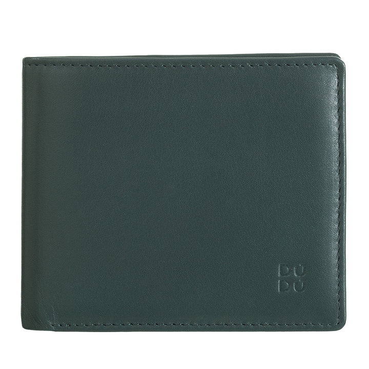Green leather bifold wallet with embossed DuDu logo