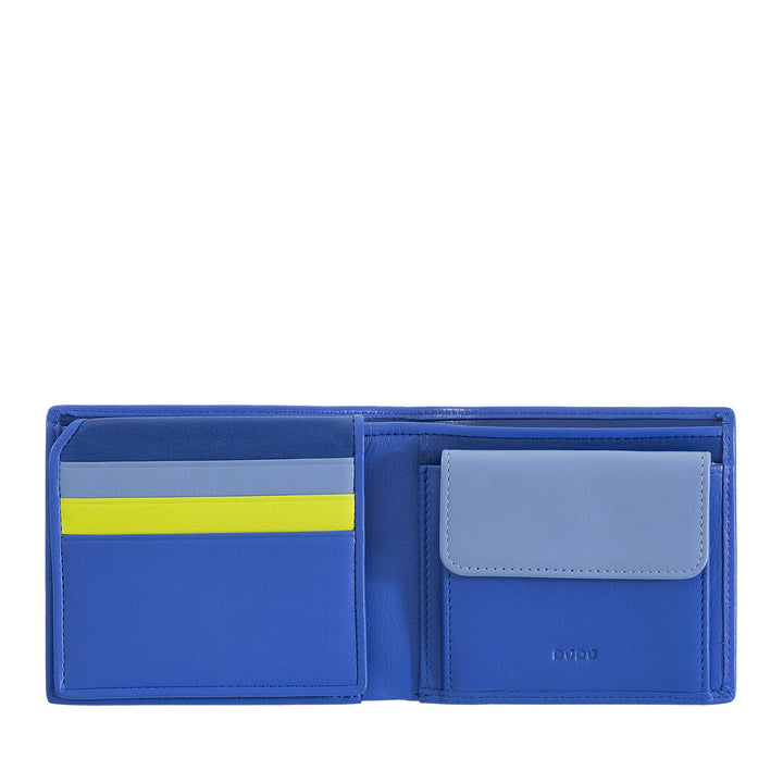 Blue leather wallet with card slots and coin pouch open view