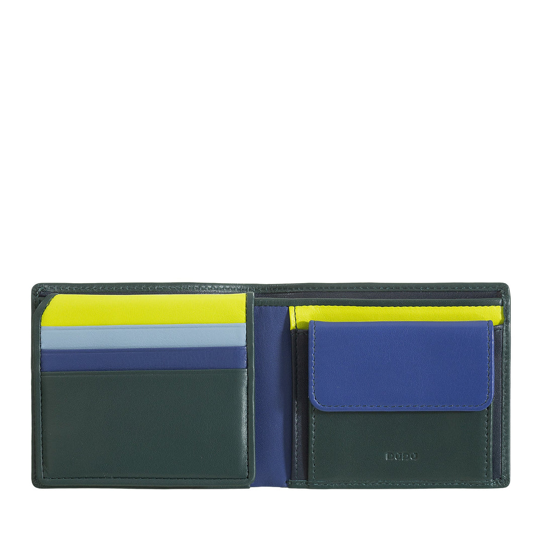 Open dark green leather wallet with multiple colorful card slots and a blue coin pouch