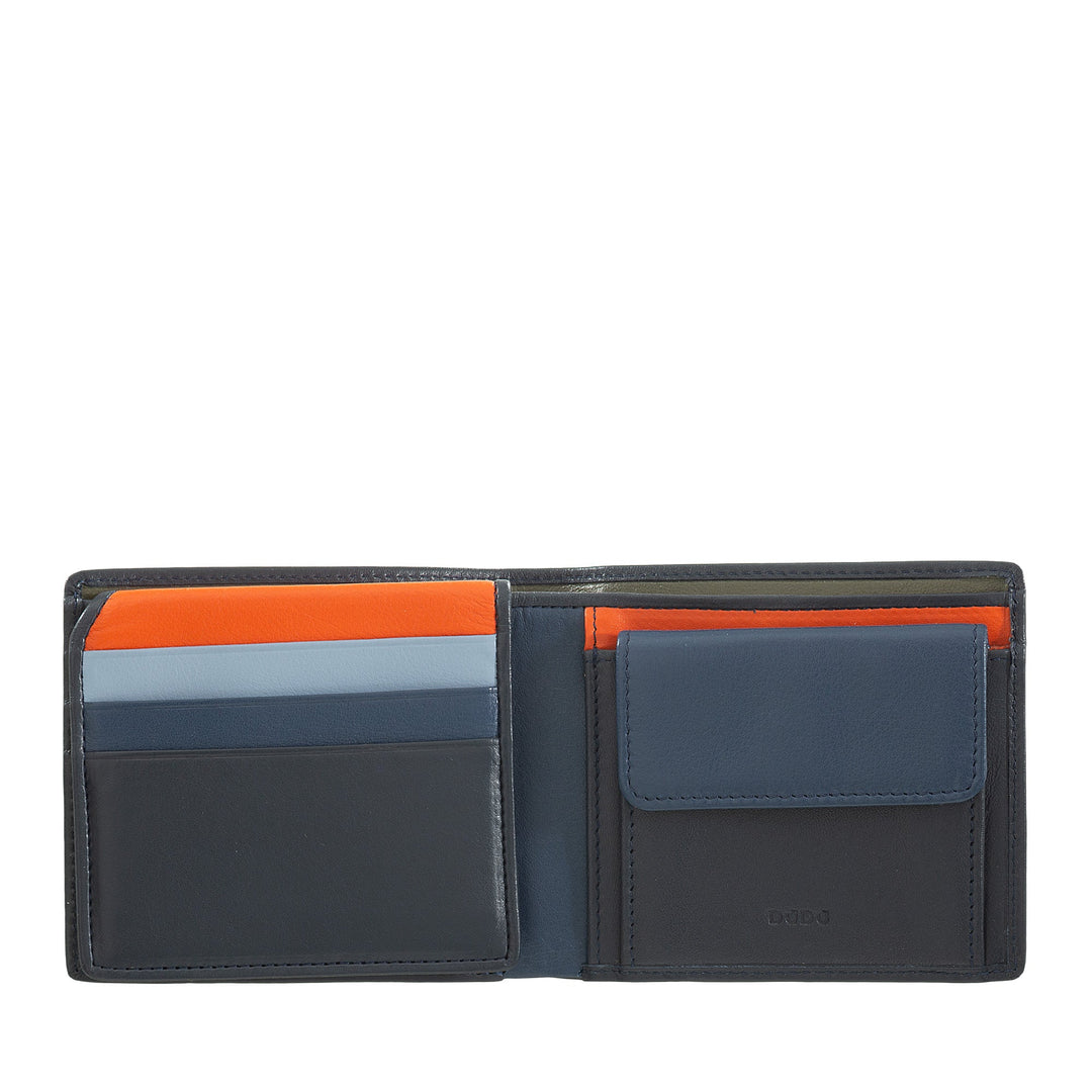 Open black leather wallet with multiple card slots and a coin pocket