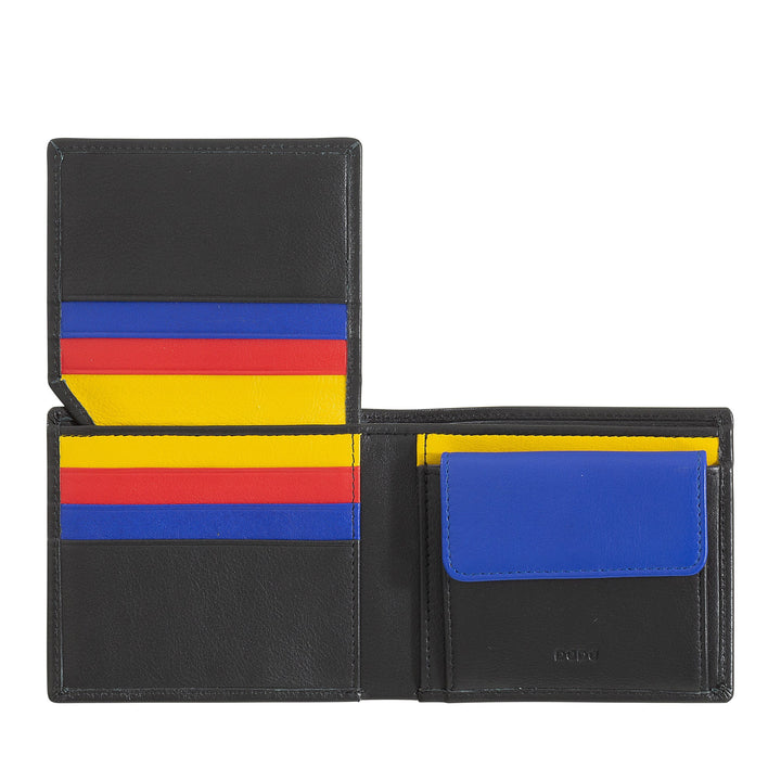 Colorful minimalist wallet with vibrant blue, red, and yellow stripes