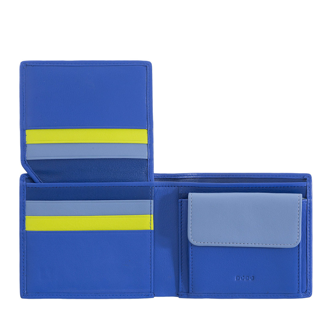 Blue leather bifold wallet with card slots and coin pocket