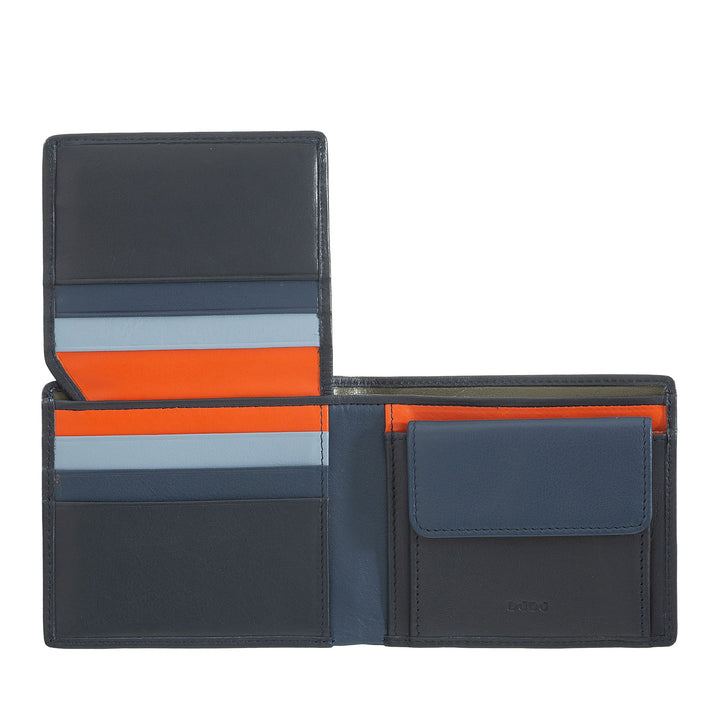 Black leather wallet with colorful interior and multiple card slots