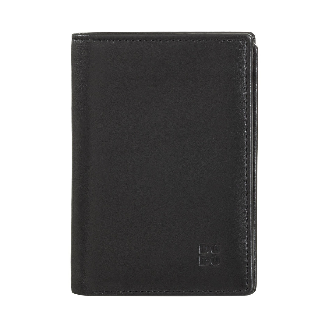 Black leather wallet with stitched edges and embossed logo