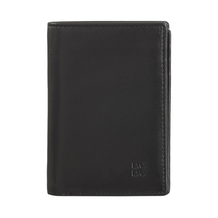 Black leather wallet with stitched edges and embossed logo