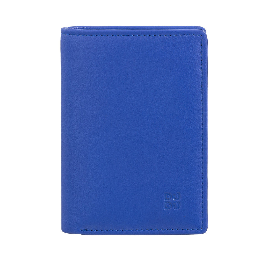 Blue leather wallet standing upright, showcasing smooth texture and stitched edges