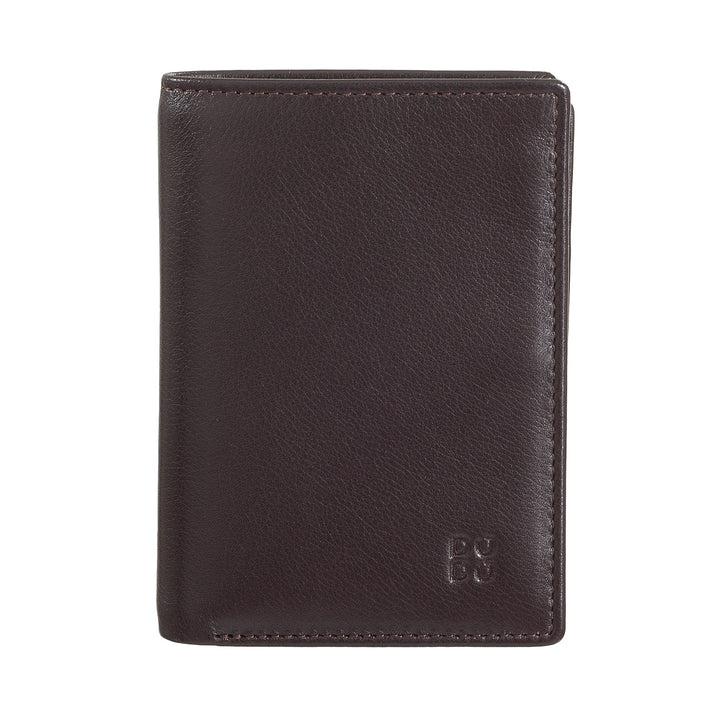 Dark brown leather bi-fold wallet with embossed logo