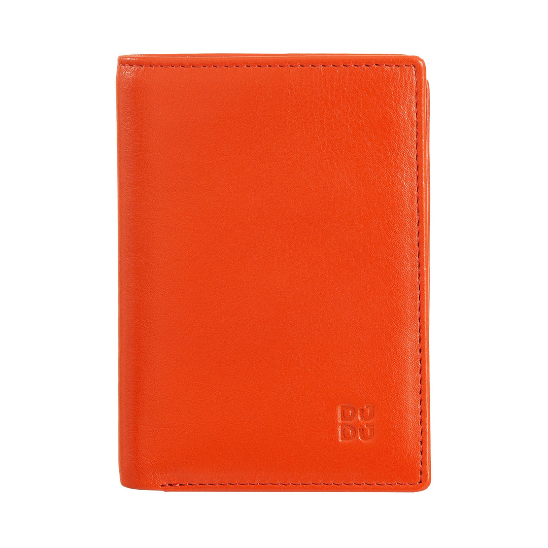Bright orange leather wallet with embossed logo