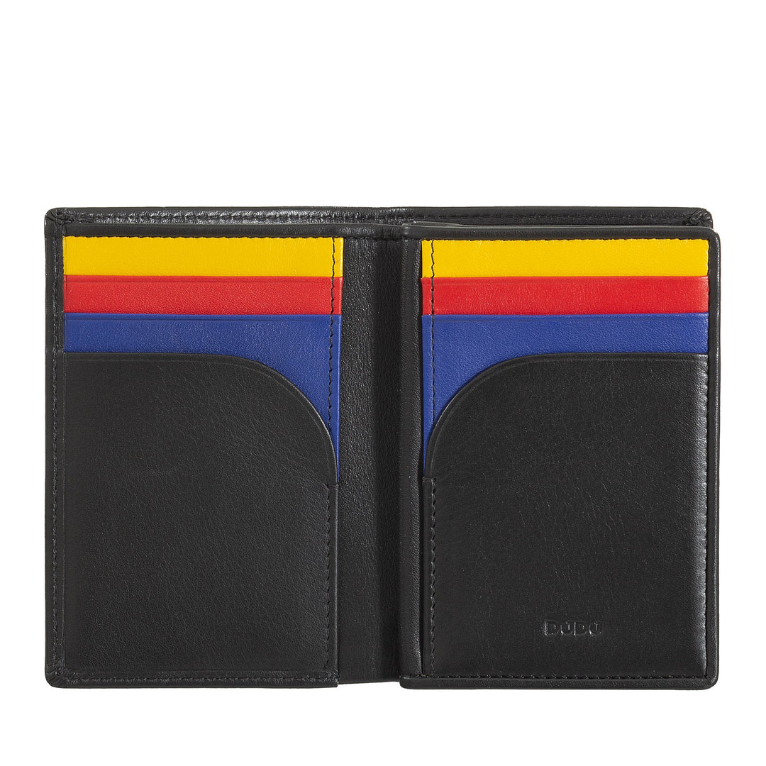 Black leather wallet with colorful card slots
