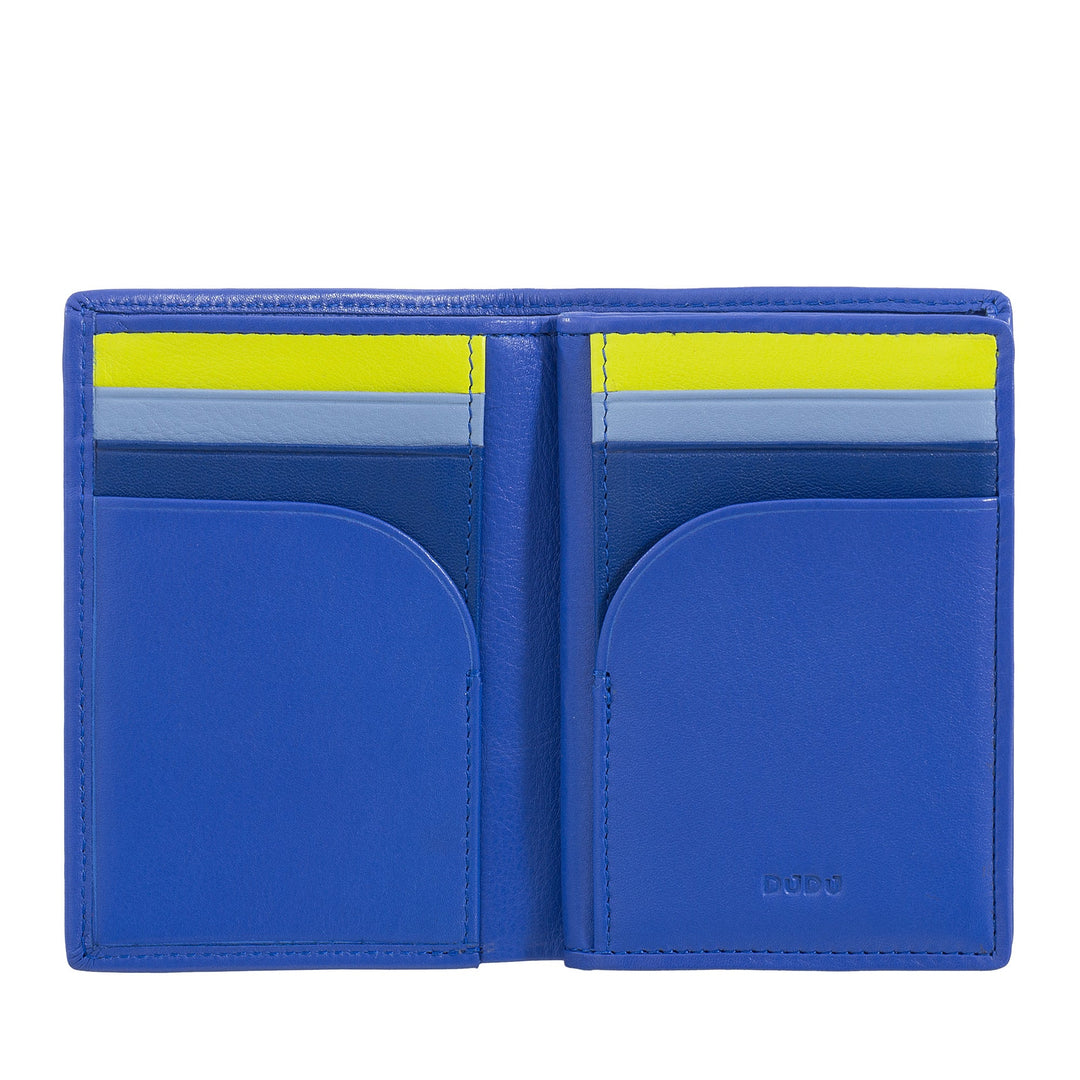 Bright blue leather wallet with multiple card slots and minimalist design