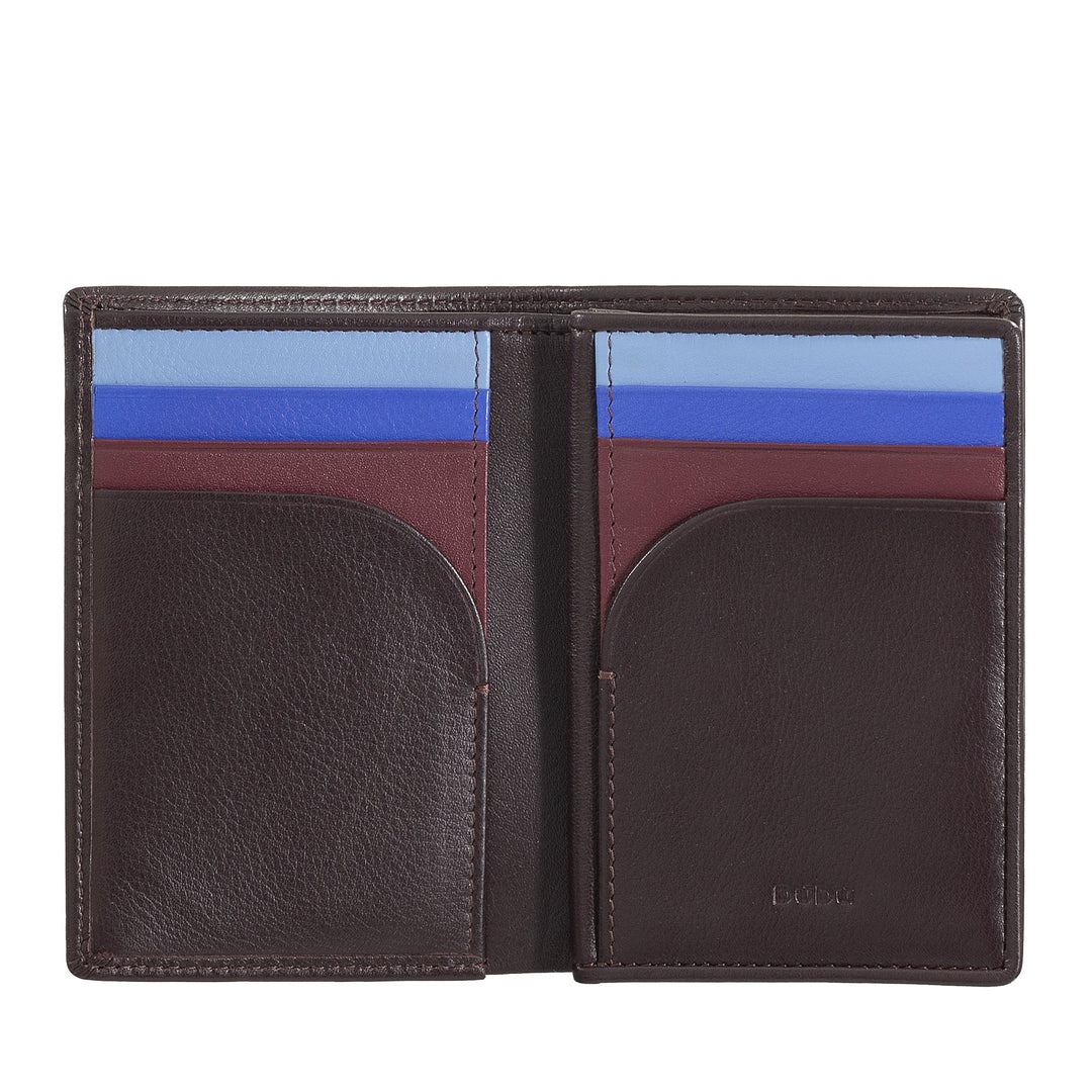 Brown leather bifold wallet with multiple card slots and blue and red interior accents