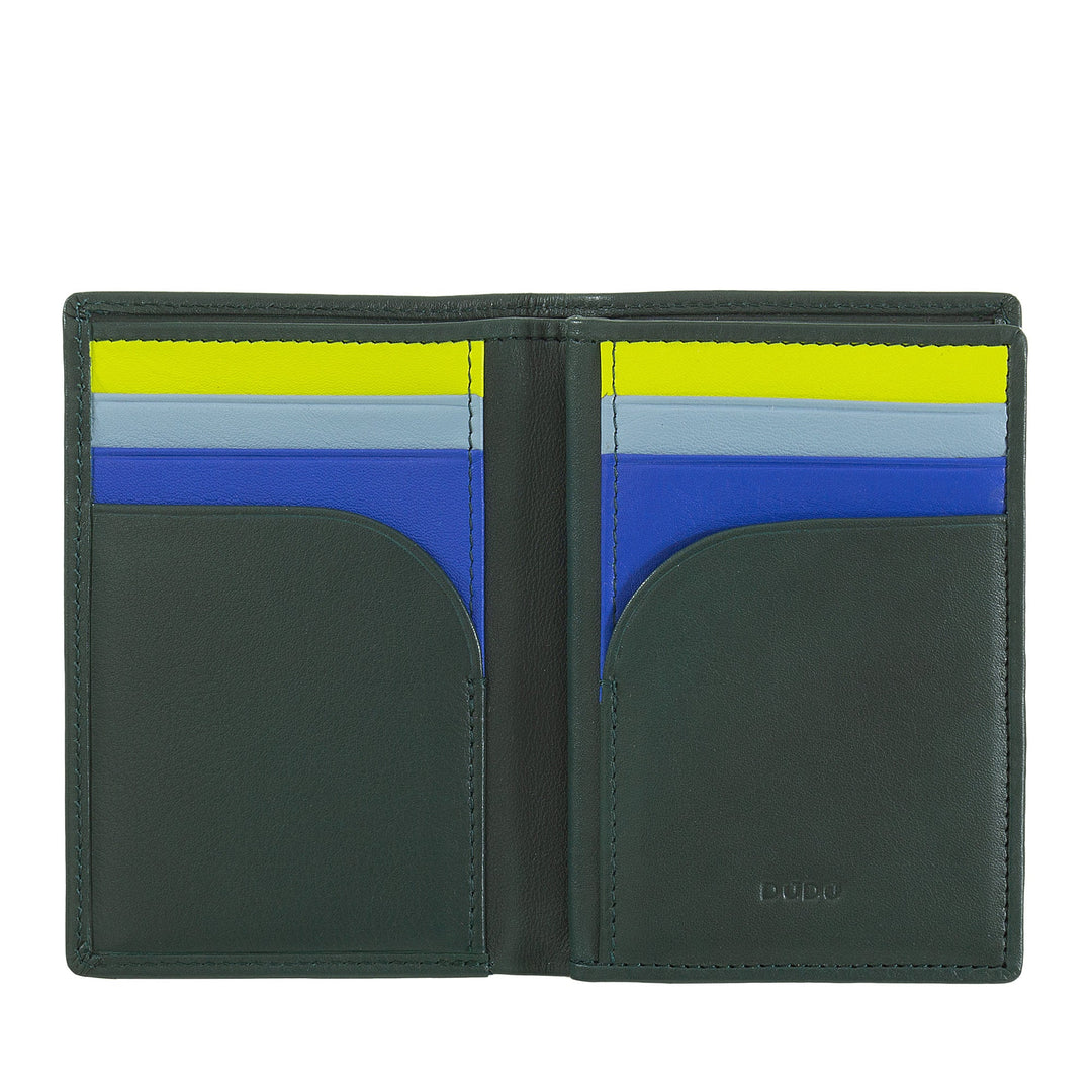 Green leather bifold wallet with colorful card slots