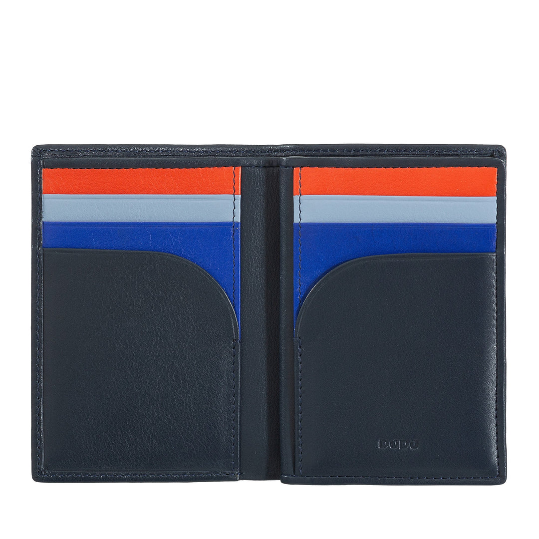 Open navy leather wallet with colorful card slots