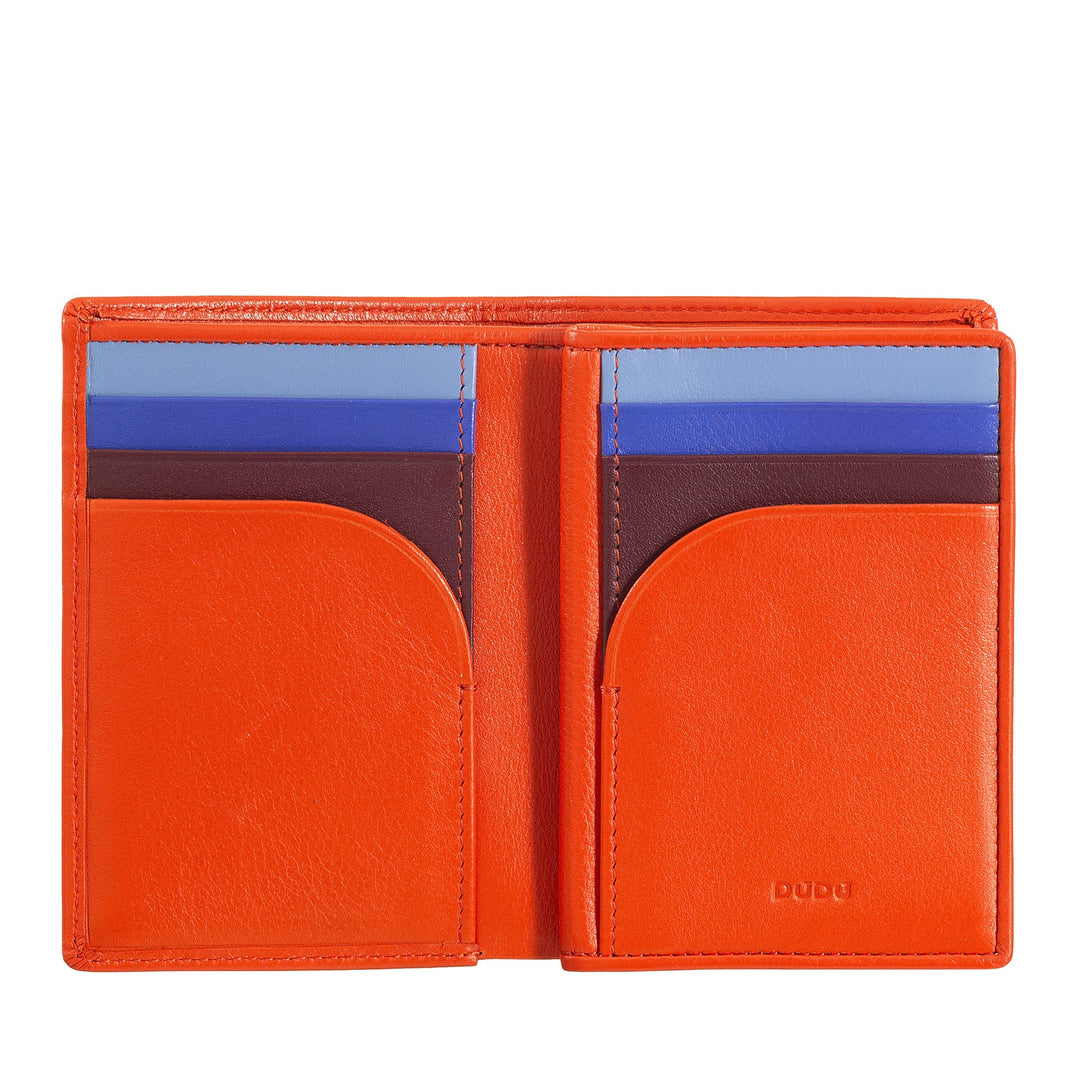 Bright orange leather wallet with multiple card slots and color-block blue and brown interior