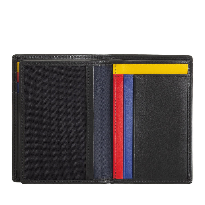 Black leather wallet with colorful card slots in yellow, blue, and red