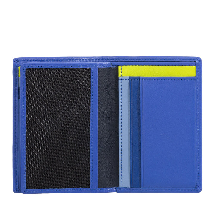 Blue leather wallet open with multiple card slots and a mesh pocket inside