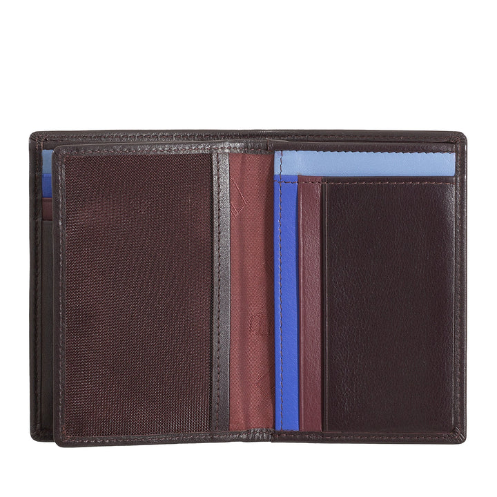 Open brown leather wallet with card slots and compartments
