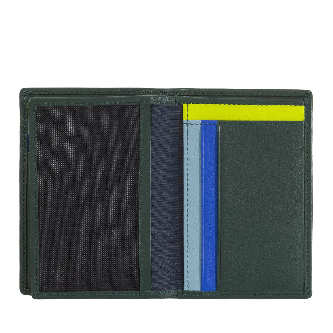 Open dark green leather wallet with multiple colorful card slots