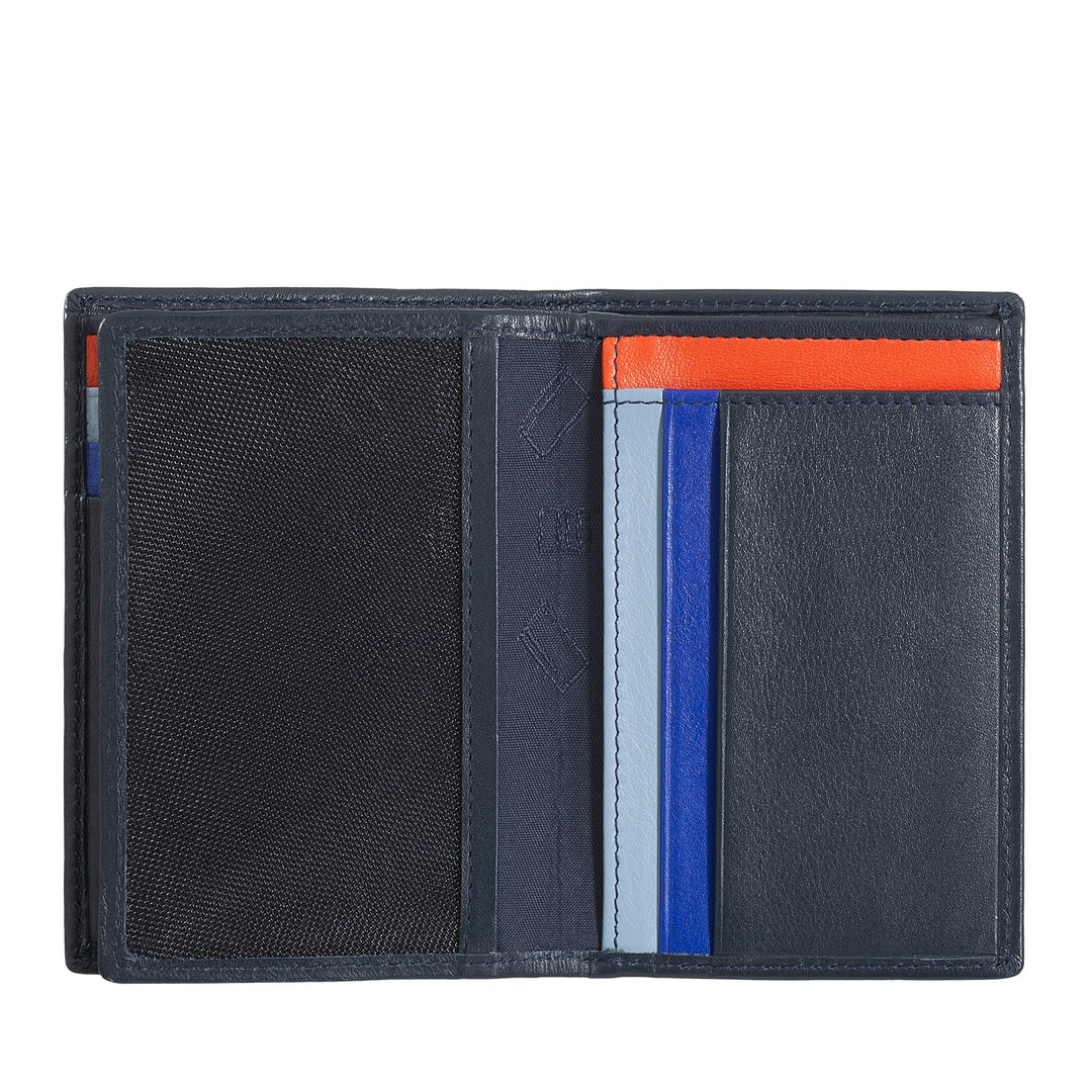 Open black leather wallet with multiple colorful card slots and compartments