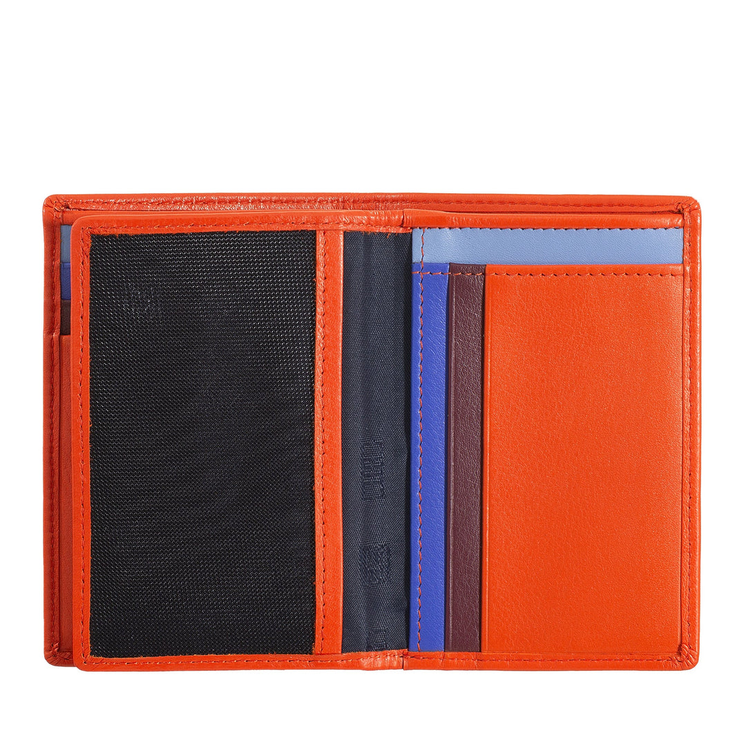 Open orange leather wallet with multiple compartments and card slots