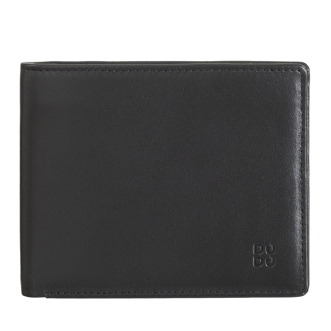 Black leather bifold wallet with embossed logo