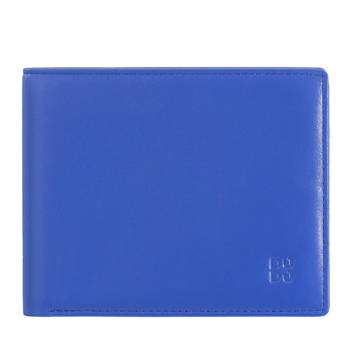 Blue leather wallet closed with embossed logo