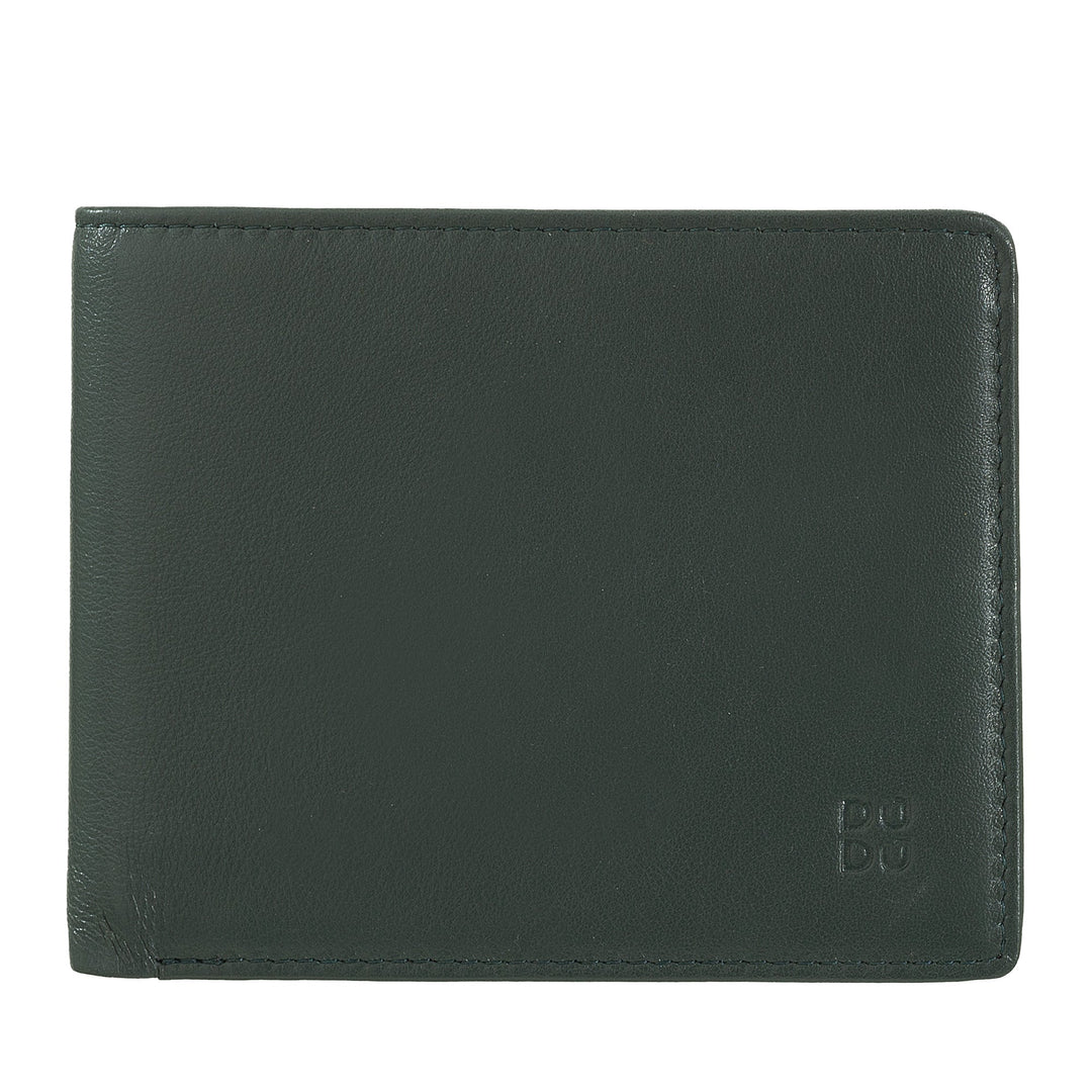 Dark green leather wallet with embossed logo