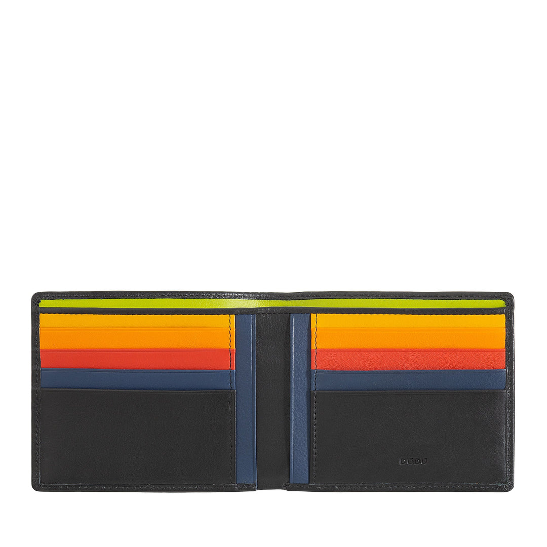 Colorful leather bi-fold wallet with multiple card slots