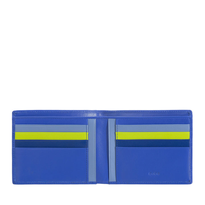 Open blue leather wallet with multiple card slots displaying colorful cards