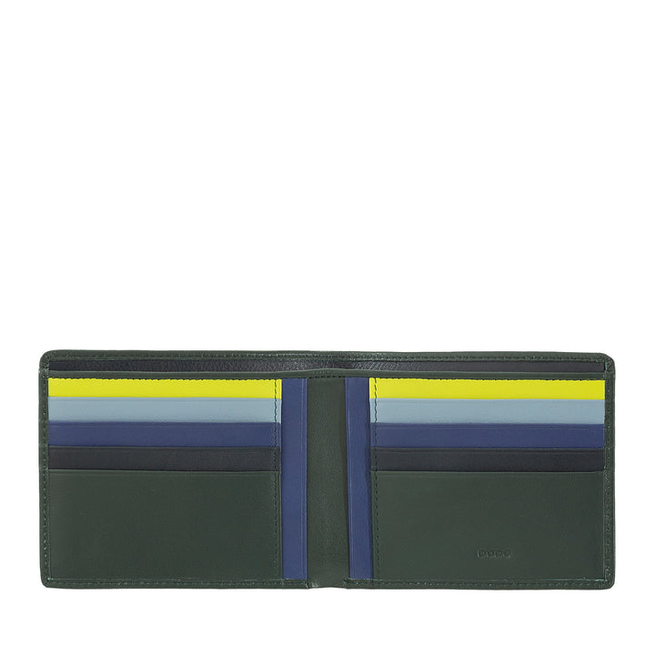 Open dark green leather wallet with colorful card slots arranged in blue and yellow gradient