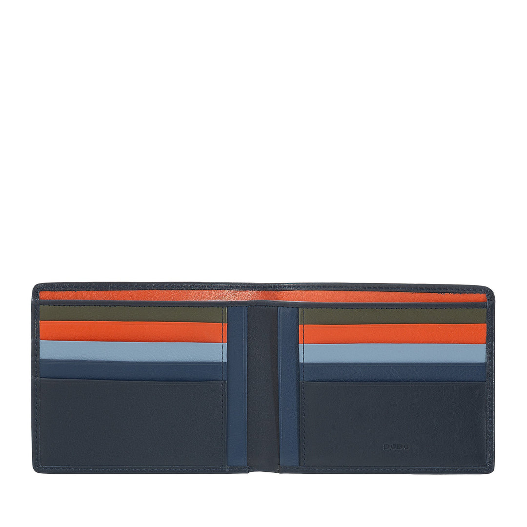 Blue leather bifold wallet with colorful card slots