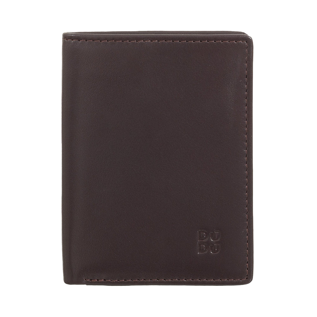 Brown leather wallet with embossed logo on the front