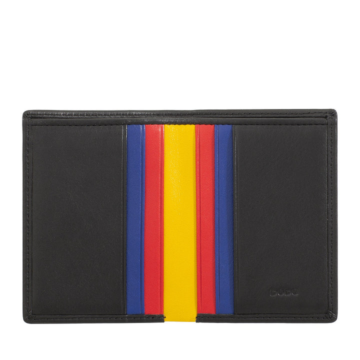 Black leather wallet with colorful vertical stripes in blue, yellow, and red