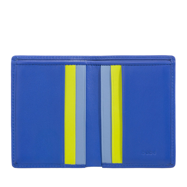 Blue leather wallet with card slots and contrasting yellow and gray interior accents