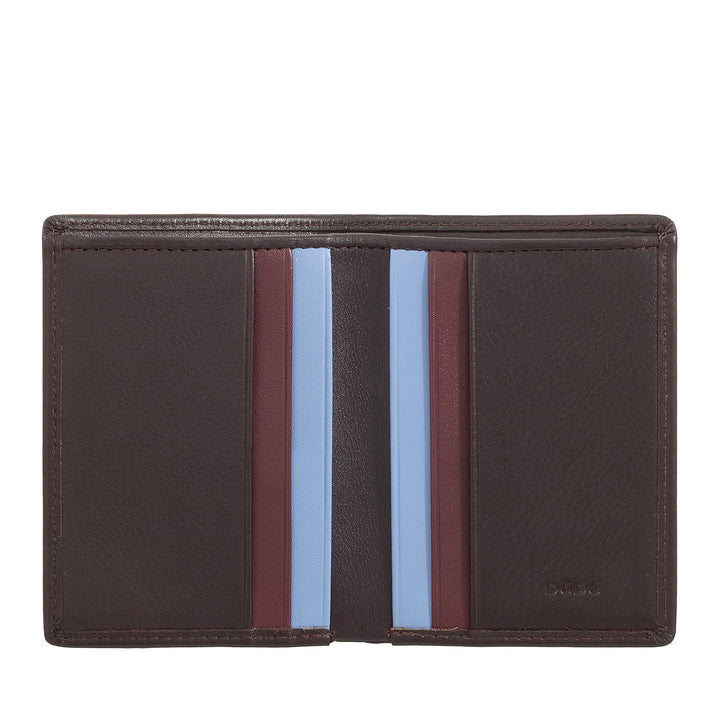 Brown leather bi-fold wallet with multiple card slots and contrasting light blue and maroon accents