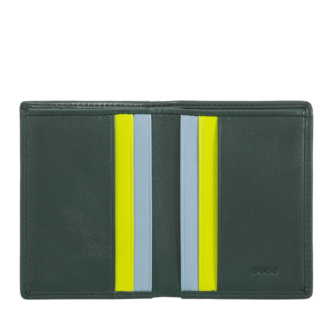Green leather wallet with colorful interior card slots including yellow and light blue stripes