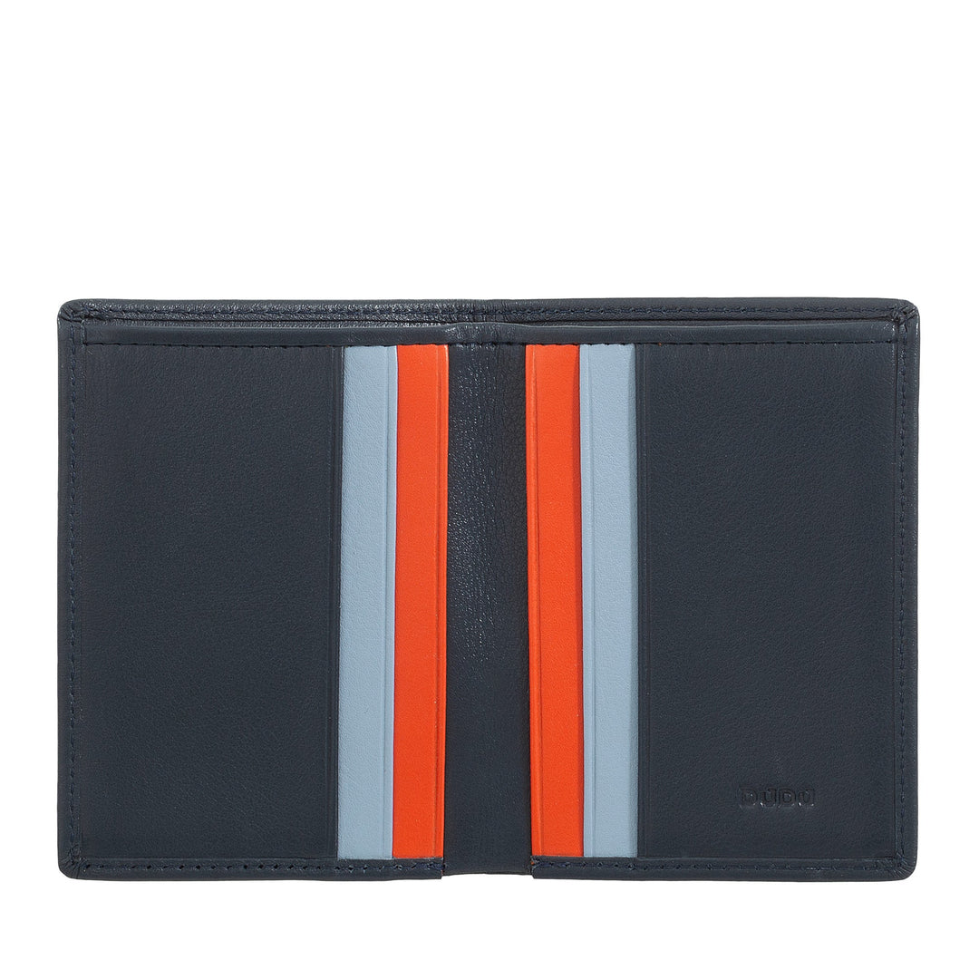 Dark blue leather wallet with red and gray vertical stripes and embossed logo